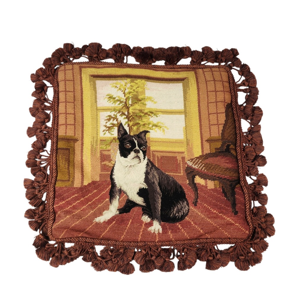 Boston Terrier Needlepoint Throw Pillow cover Woolβ Tassel Fringe Velvet 16x16